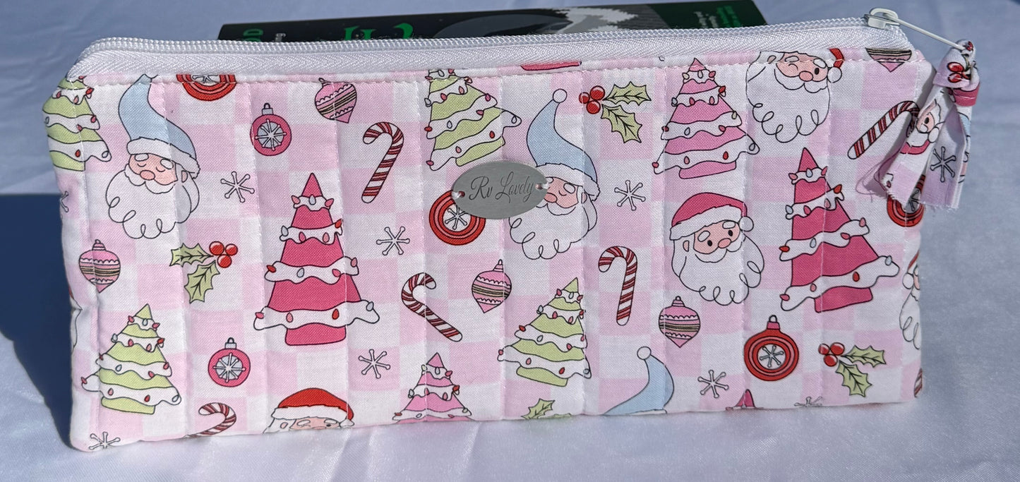 Pink Christmas Santa & Trees Pencil Pouch