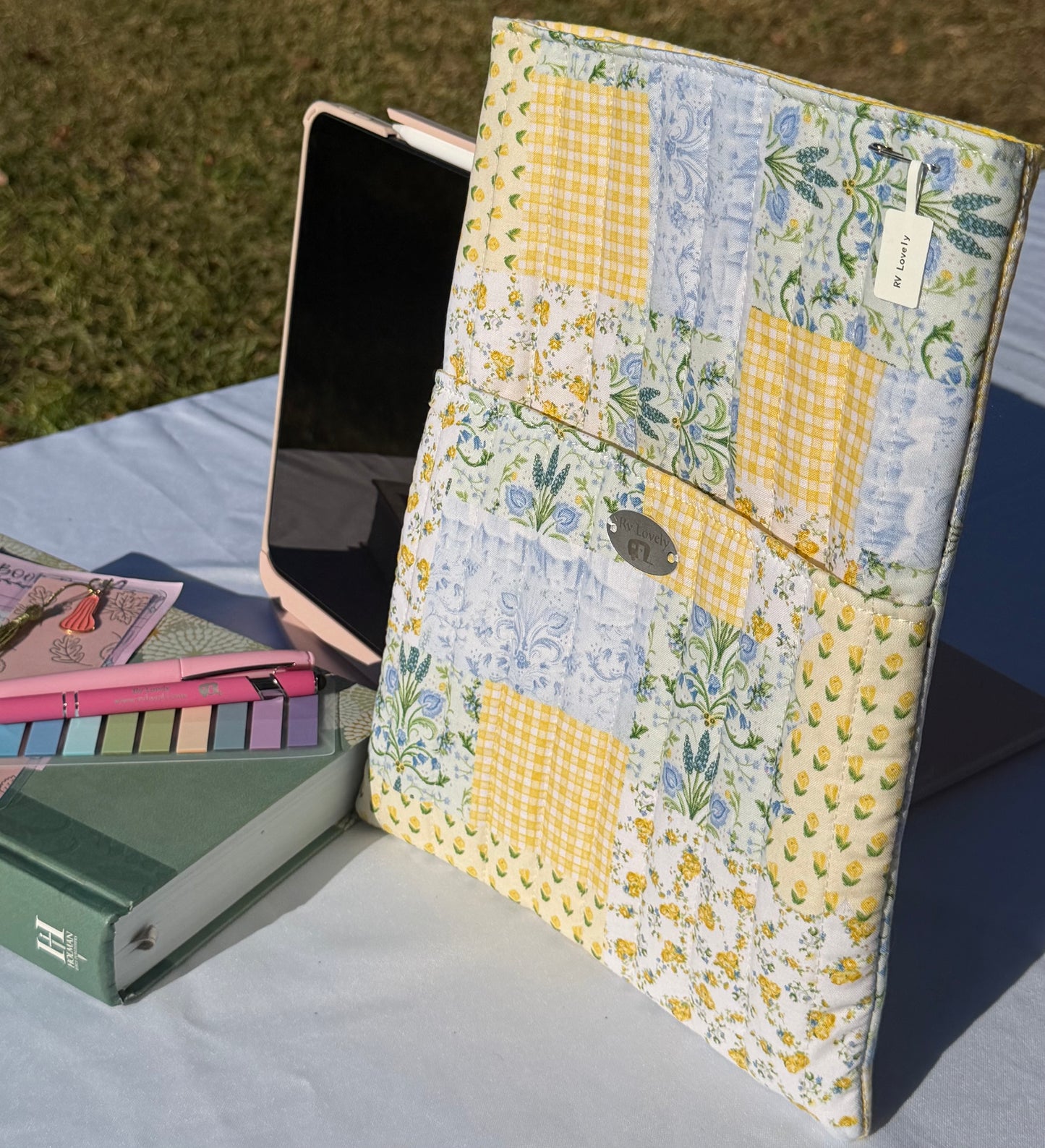 Large Yellow, Blue, Green Patchwork Book/Ipad Sleeve